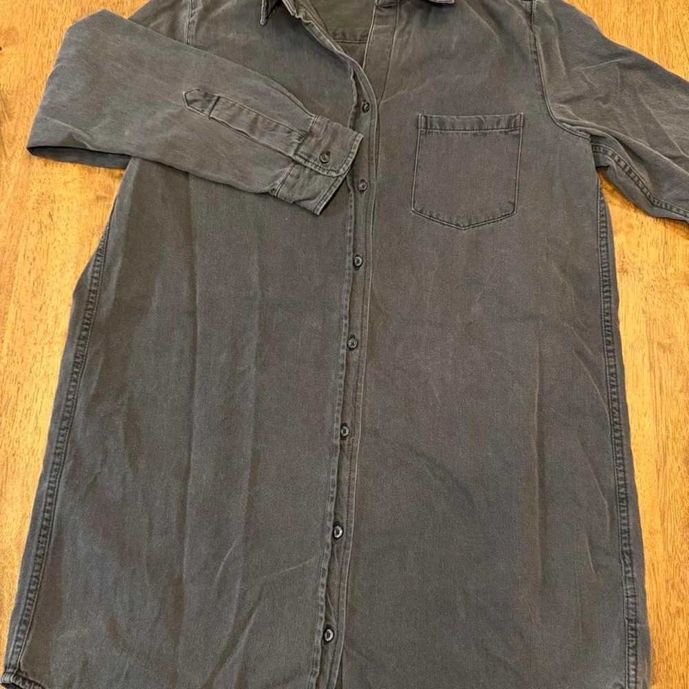 Quince Womens Distressed Denim Shirt Dress Size M Washed Black Midi